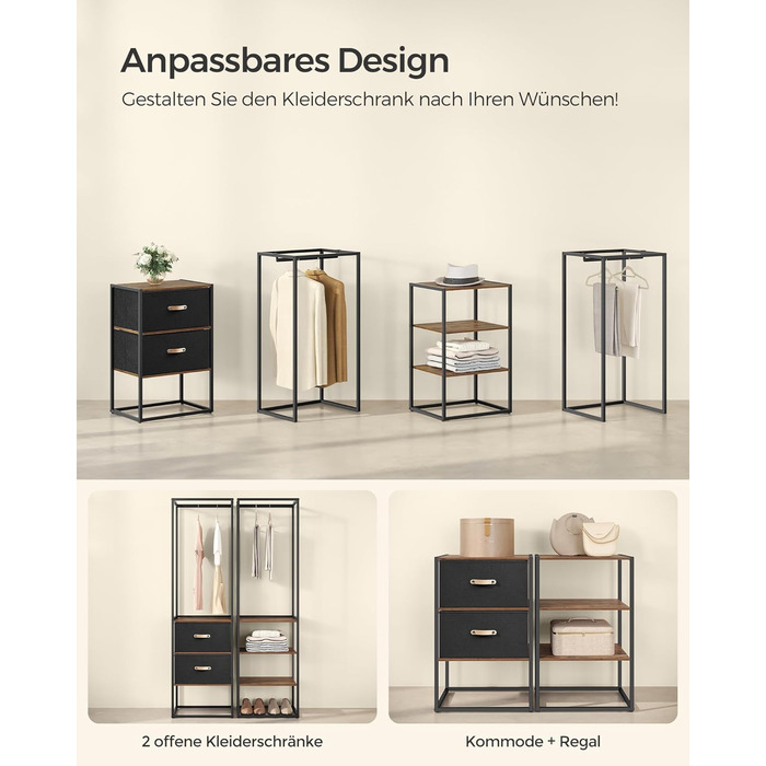 Вішалка для одягу SONGMICS, відкрита шафа, міцна вішалка для одягу, 1 висувна рейка, 2 шухляди, 4 полиці, для спальні, компактна, вінтажний коричневий RGR003B01