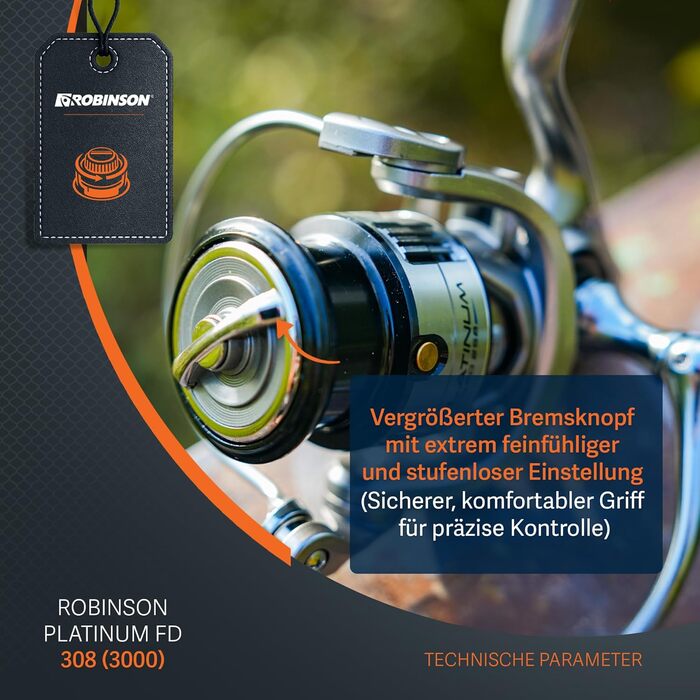 Котушка для спінінгу Robinson з 8 кульковими підшипниками - антиреверс - графітовий корпус - алюмінієва шпуля - передавальне число 5.21 - гальмівний вал 8 кг - котушка для спінінгу - Platinum 3000
