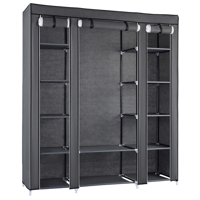 Тканинна шафа Ribelli з 12 відділеннями та вішалки для одягу, приблизно 175 x 150 x 45 см, Складана шафа з вілу, Шафа для спальні, вітальні, гардеробної, Сірий, 12 відділень, Сірий
