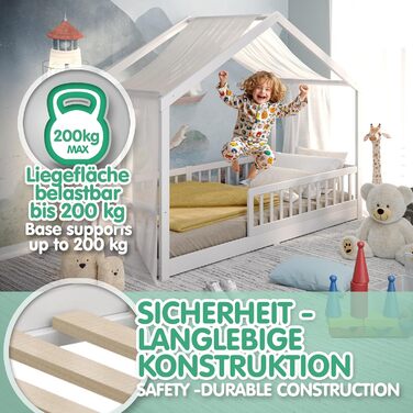 Дитяче ліжко CADANI Malte 90x200 см Ліжко-будиночок зі знімними захисними поручнями, вантажопідйомність до 200 кг, висувна рейкова основа, підлогове ліжко Монтессорі з масиву сосни, біле 90x200 см