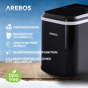 Машина для виробництва кубиків льоду Arebos Льодогенератор 12 кг / 24 год Час виготовлення 10-15 хвилин Резервуар для води 1,1 літра Льодогенератор Тихо Функція самоочищення Чорний