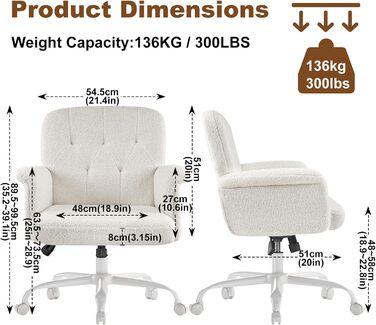 Офісне крісло ZZH для домашнього офісу, зручне, м&39яке, пухнасте крісло для туалетного столика з колесами та підлокітниками, миле поворотне комп&39ютерне сидіння з плюшевого оксамиту для спальні, макіяж, білий колір