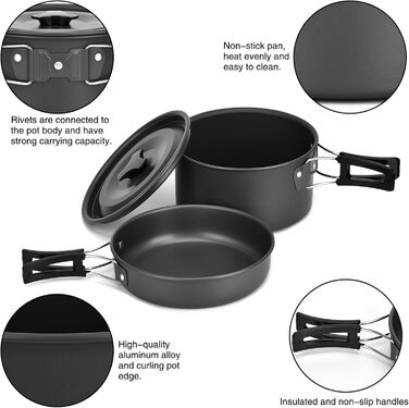 Набір посуду Queta для кемпінгу на 17 предметів каструлі та сковорідки для пікніка, походів та приготування їжі на 2-3 особи. Сертифікований FDA
