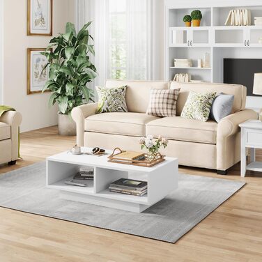 Білий журнальний столик, центральний/чайний столик для вітальні, сучасний та стильний прямокутний журнальний столик з 2 відкритими відділеннями, прямокутний бічний столик/столик до дивана, для спальні/офісу, 90x48x31 см, білий дерев&39яний композит