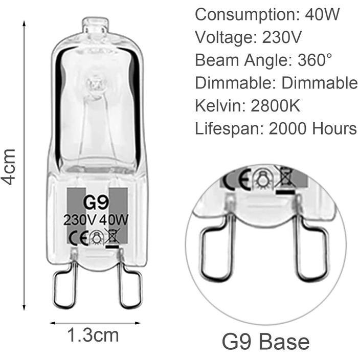 Упаковка з 10 галогенних ламп G9, галогенних ламп G9 40W 230V 2800K з регулюванням яскравості галогенних ламп G9 для духових ламп, стельових світильників, люстр клас енергоспоживання F
