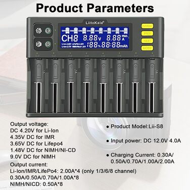 Зарядний пристрій LiitoKala Lii-S8, швидкий зарядний пристрій з РК-дисплеєм та сенсорним керуванням, 18650, 8 слотів, зарядний пристрій 9V для Li-ion, LiFePO4, Ni-MH, Ni-Cd, AA, AAA, C, 21700, 26650, 13650, 16340, 18700, RCR123