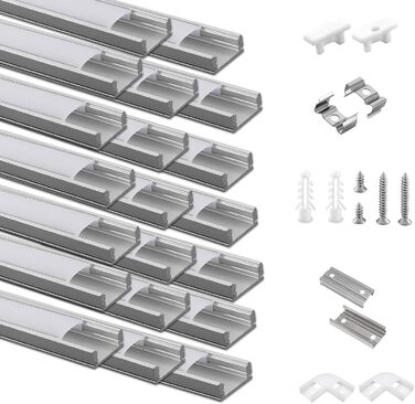 ПАКЕТНИЙ світлодіодний профіль алюміній 20 x 1 м, U-подібний алюмінієвий профіль з молочною кришкою для світлодіодних стрічок, торцевих кришок і монтажного кронштейна для світлодіодних стрічок, дуже проста установка U ПРОФІЛЬ 20 ПАКЕТ, 20-