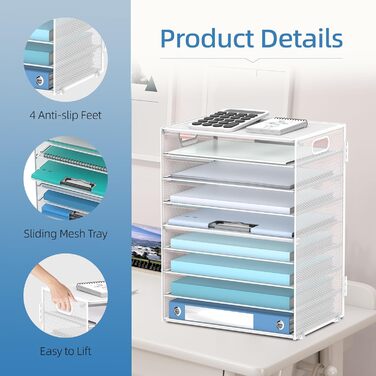 Рівневий органайзер для паперу з ручками, сітчастий тримач для файлів, органайзер для сортування паперу для офісу, дому, школи, білий, 9-