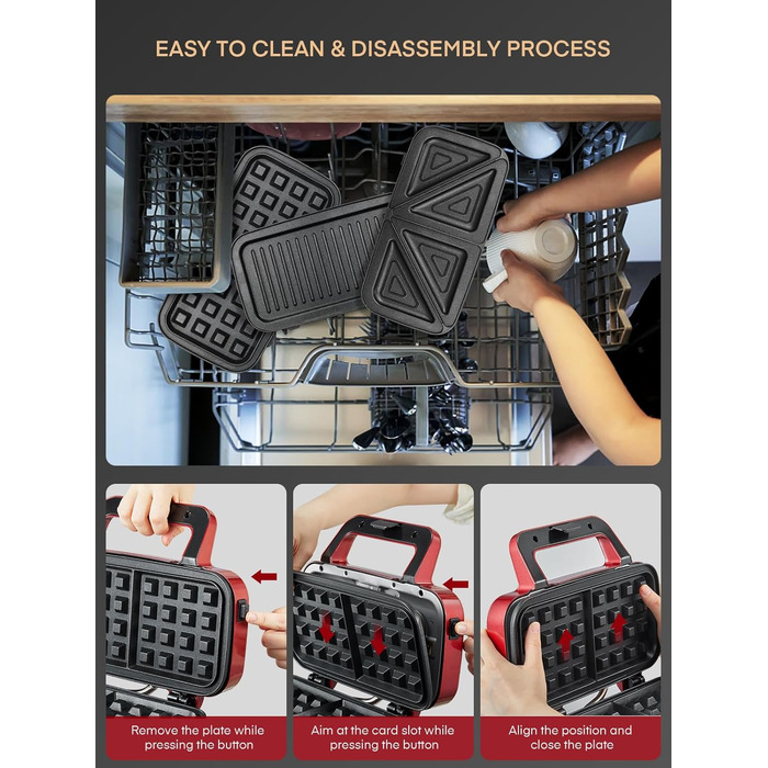 Бутербродниця 3 в 1, вафельниця 1200 Вт/контактний гриль/тостер для сендвічів, 5-швидкісний контроль температури, набори пластин Coater з антипригарним покриттям, термоізольована ручка, можна мити в посудомийній машині, світлодіодні лампи, червоний