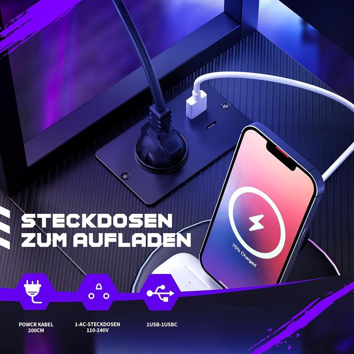 Г-подібний стіл Yansee, ігровий стіл з полицею, світлодіодне освітлення, порт зарядки USB, порт Type-C та розетка, кутовий стіл для домашнього офісу 120 x 50 x 75,5 см, чорний