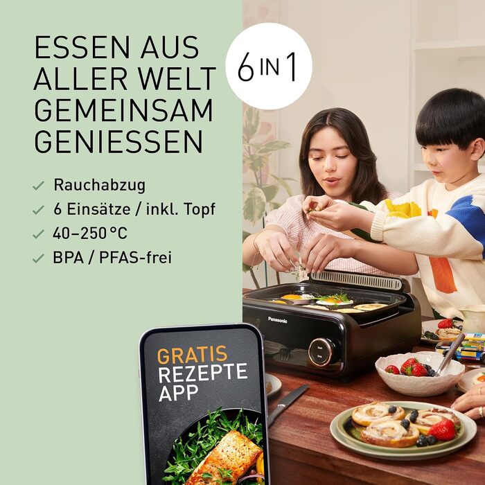 Мультипіч-гриль Panasonic NF-GM600 6-в-1 електрогриль, планча, тушкування, slow cook, BBQ та пароварка, 1400 Вт, 40250 C, 9 авторежимів, 6 антипригарних панелей, система відведення диму, 6 аксесуарів