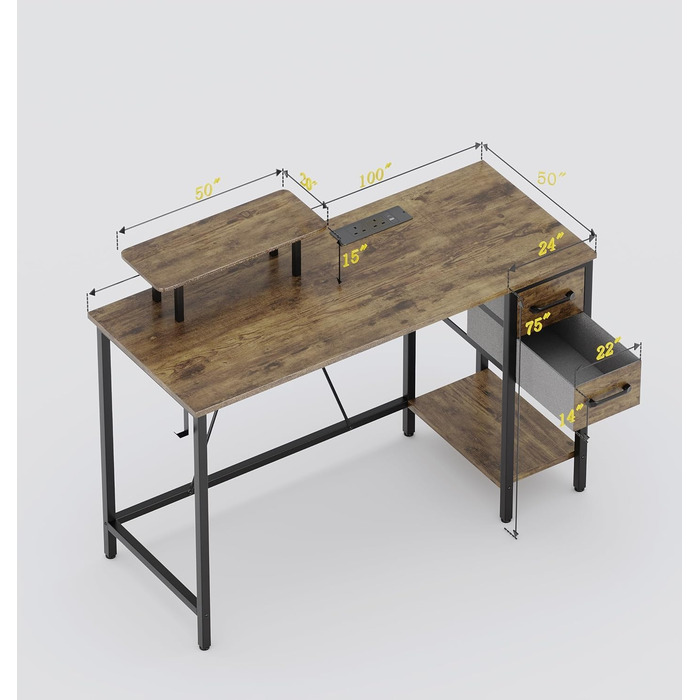 Письмовий стіл з розетками, 2 шухлядами та знімною підставкою для монітора, 100x50 см. Двосторонній комп&39ютерний стіл. ПК-стіл для домашнього офісу, кабінету, спальні, коричневий 100*50 см.