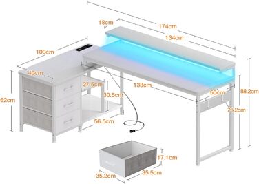 Г-подібний письмовий стіл ODK з шухлядами, кутовий стіл 174x100 см, білий з перевернутою полицею, ігровий стіл зі світлодіодним підсвічуванням та підставкою для монітора, комп&39ютерний стіл, офісний стіл для кабінету або спальні, 174x100 см, білий