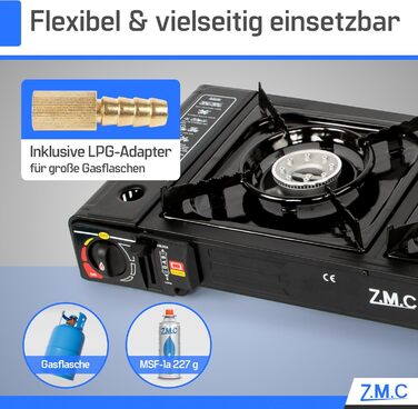 Газова плита для кемпінгу ZMC, 2 конфорки, 2,5 кВт, включаючи адаптер для підключення зрідженого газу та футляр для зберігання. Комплект кемпінгової плити з газовими картриджами та грильною пластиною (можна вибрати), з п&39єзорозпалом, для використання на