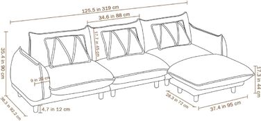 Кутовий диван з функцією сну, 4-місний модульний диван, диван-ліжко для вітальні, великий диван-кушетка з функцією сну 319 см x 92 см білий