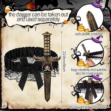 Набір з 2-х стрічок для панчох WEITAPYT Halloween, з бантом та піратським кинджалом, чорна мереживна, еластична