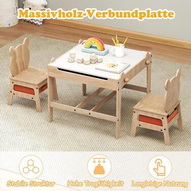 Дитячий стіл DREAMADE 3-в-1 з 2 стільцями, дерев&39яний дитячий комплект сидіння з двосторонньою магнітною дошкою, коробки для зберігання, спинки у формі ведмедика/робота, комплект дитячого столу та стільців, комплект меблів для дитячої кімнати (Ведмідь)