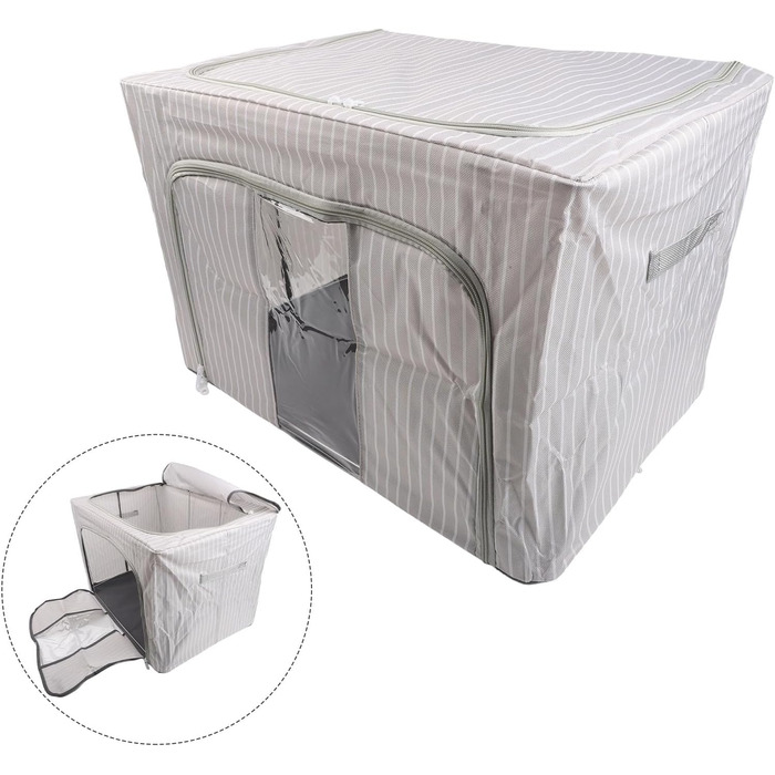 Складаний ящик для зберігання з вологостійкої тканини Оксфорд та сталевого каркасу, подвійною блискавкою зверху та прозорою передньою частиною для зручного зберігання та легкого доступу (66 л синього кольору, 66 л синього кольору в смужку)