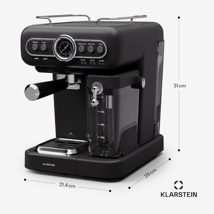 Кавоварка Klarstein Espresso Portafilter з піноутворювачем, міні-еспресо-машина 1.2 л з портафільтром, кавомашина потужністю 1350 Вт маленька кавоварка з нержавіючої сталі для капучино, латте та макіато Black Espressionata evo milk