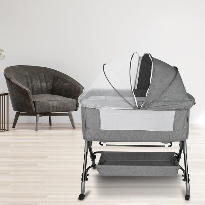 Дитяче ліжечко Kedia, зі сплячим місцем на боці, дитяче ліжко з москітною сіткою, дорожнє ліжечко з колесами, 4 регулювання висоти, дитячі ліжечка-колиска, 104 * 52 * 103-115 см (сіре)