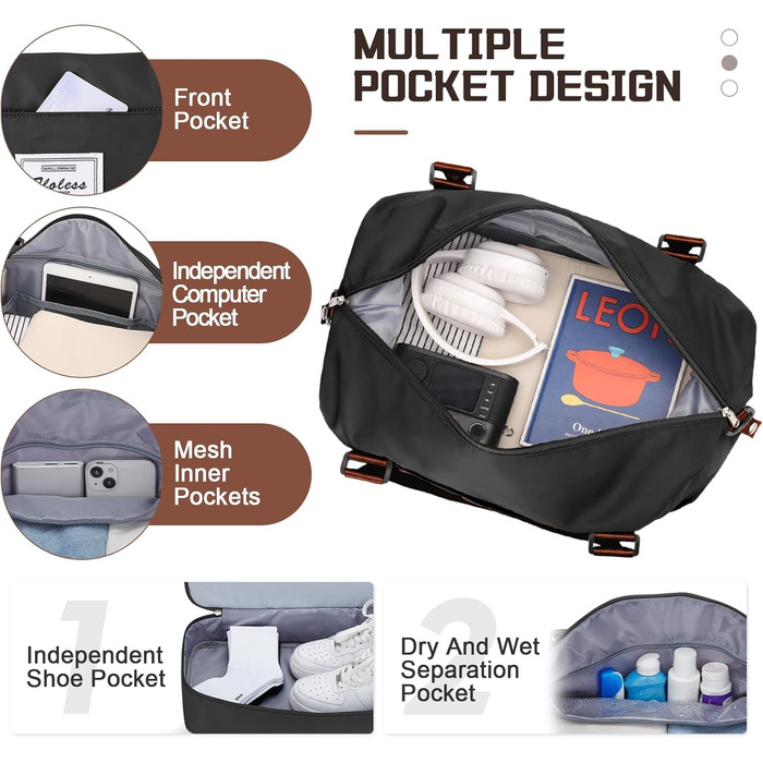 Велика жіноча дорожня сумка, ручна поклажа, спортивна сумка, сумка для вихідних, сумка для плавання, водонепроникна дорожня сумка, спортивна сумка, сумка для фітнесу, сумка для тренувань, лікарняна сумка з відділенням для взуття, N7-чорно-коричнева A03-чо