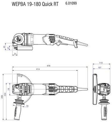 Кутова шліфувальна машина Metabo WEPBA 19-180 Quick RT (601099000) Картонна коробка, 1900 Вт, Ø диска 180 мм, швидкість холостого