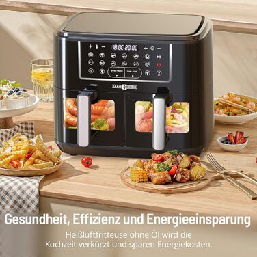 Фритюрниця PARIS RHNE 9.5 л, фритюрниця XXL двокамерна з оглядовим вікном, фритюрниця 12-в-1, смаження гарячим повітрям без олії, безпечна посудомийна машина, аерофритюрниця енергозберігаюча 9.5 л чорна