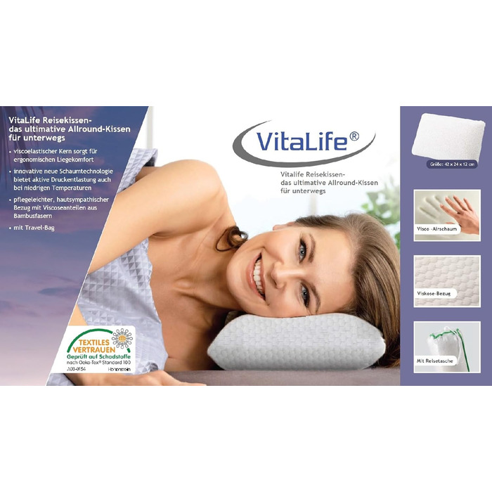 Дорожня подушка VitaLife 37106, поліестер, біла, 42 x 24 x 12 см