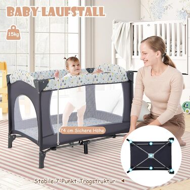 Дитяче ліжечко DREAMADE 4-в-1, складне та портативне дитяче ліжечко з колесами, матрац, пеленальний килимок та музичний мобіль, 102 x 72 см, приліжкове ліжечко для малюків 0-36 місяців (бежевий)