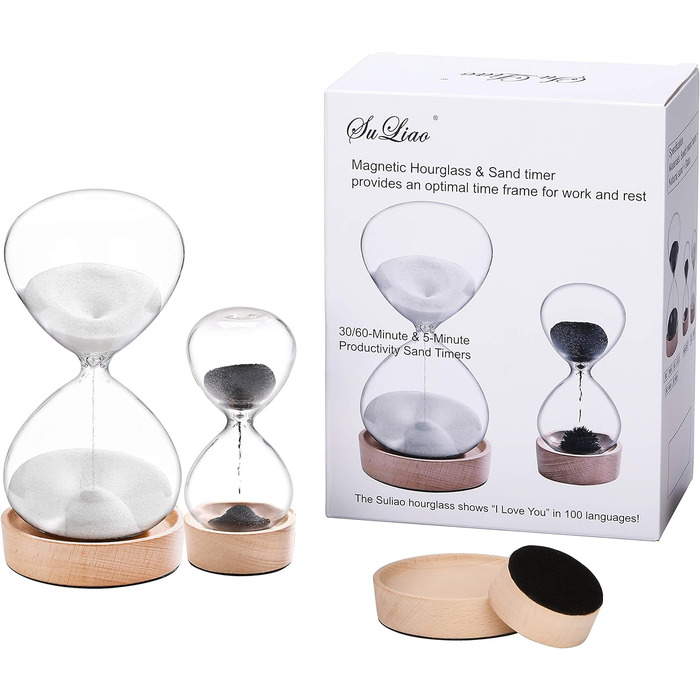Пісочний годинник SuLiao для Uten, Поворотний на 720, Старовинний білий пісочний годинник, Вінтажний пісочний годинник 1 Hora Reloj de Arena, Великий метал, Пісочне скло, Офіс, Письмовий стіл, Дім, Весільне оформлення (Чорний, ЧОРНИЙ-30 хв і БІЛИЙ-5 хв)