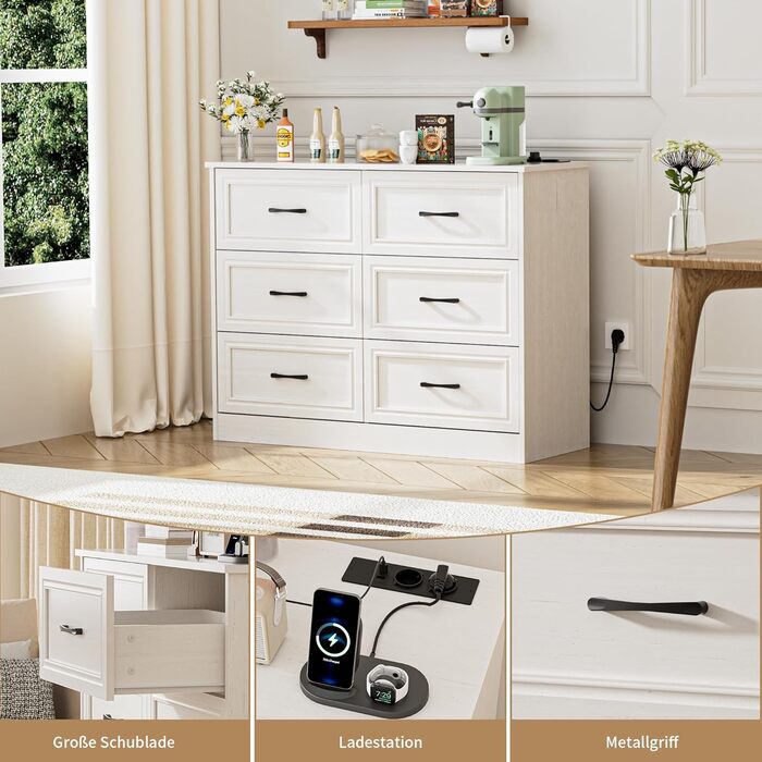 Комод з розетками, комод з 6 шухлядами, 2 USB та 2 розетки змінного струму, дерев&39яний комод, для спальні, вітальні, коридору, 106 x 81,5 x 39 см, білий