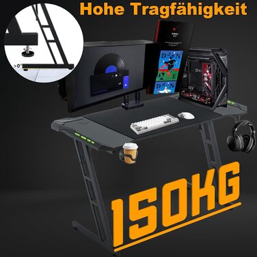 Ігровий стіл 160x60 см зі світлодіодним освітленням, ергономічний комп&39ютерний стіл Z-подібної форми з гачком для навушників, підставкою для склянок та виглядом з вуглецевого волокна, ігровий стіл для ПК, ноутбука та ігор - чорний 160 x 60 см - зі світл