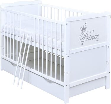 Дитяче ліжечко 60x120, розкладне дитяче ліжко, юніорське ліжко Prince White з шухлядою та матрацом