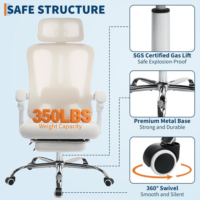 Ергономічне офісне крісло, крісло з повітропроникної сітки з підголівником, регульованою поперековою опорою від 90 до 135, висувною та поворотною на 360 підставкою для ніг, для дому та офісу, бежевий 2