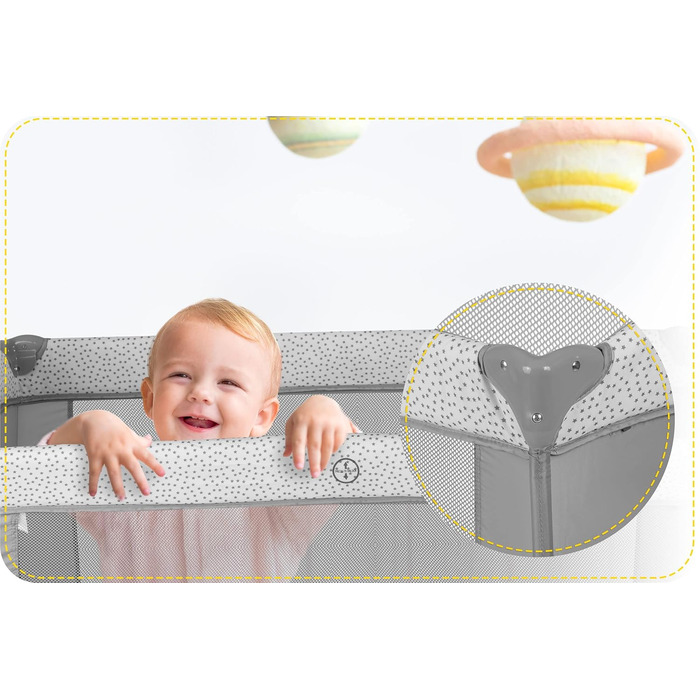 Дитяче ліжечко Ricokids з матрацом, 125 x 65 x 78 см, дорожнє ліжечко, вагою до 15 кг, 2 колеса з гальмами, бічний вхід, сумка для перенесення, функція гойдання, ігрова арка, пеленальний столик, складний, світло-сірий