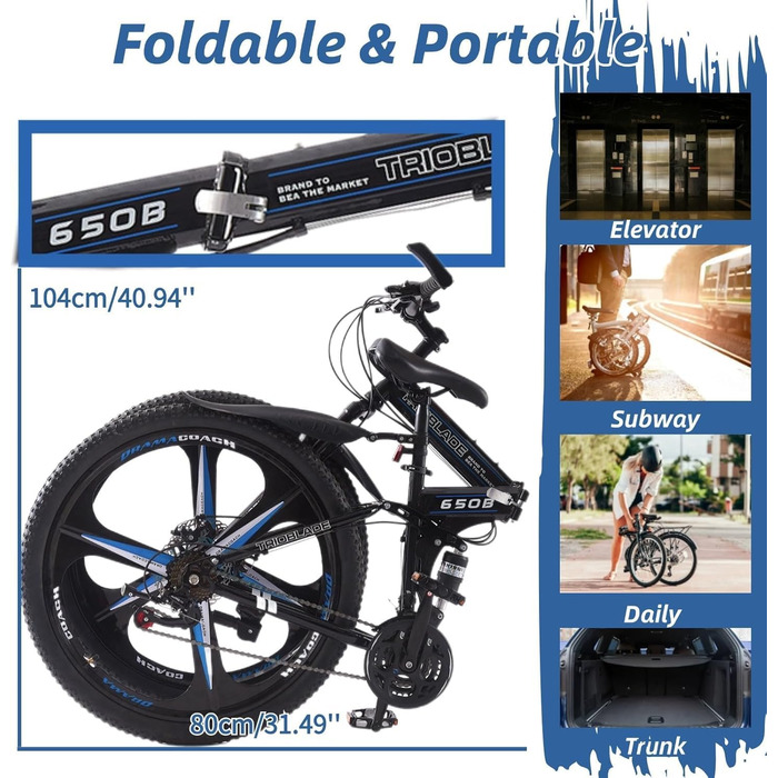 Дюймовий складний гірський велосипед, 21-швидкісна коробка передач Shimano, гірський велосипед з подвійною підвіскою, легка рама, гірський велосипед для чоловіків та жінок, складний спортивний велосипед для дорослих, чорно-синій, 27,5-