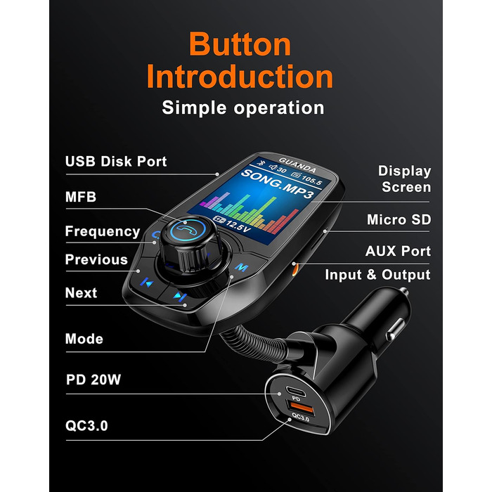 Передавач Bluetooth для автомобіля з 1,8-дюймовим кольоровим екраном Bluetooth Гучний зв'язок Bluetooth Автомобільний радіоадаптер 4 в 1 MP3-плеєр AUX 2 USB-порти SD/TF карта (QC3.0PD чорний)