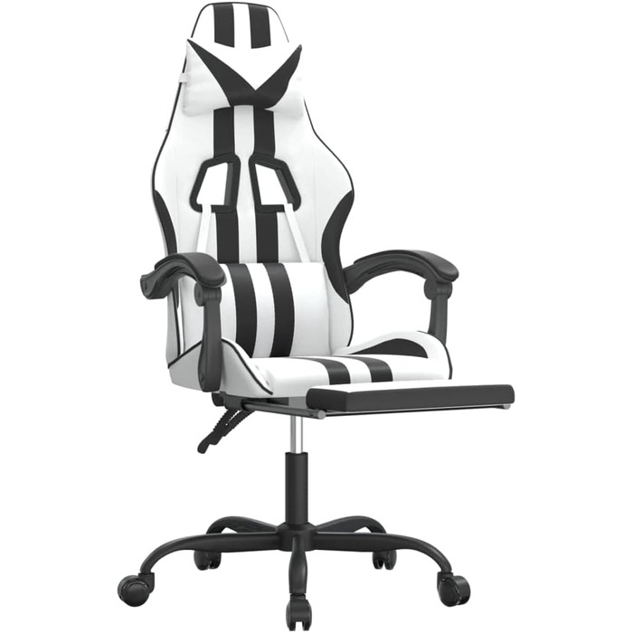 Геймерське крісло з підставкою для ніг, біла та чорна штучна шкіра, регульована спинка та висота, функція повороту на 360 градусів, міцна та брудовідштовхувальна штучна шкіра, міцне 36,5 x 42 см (Ш x Г), чорний колір