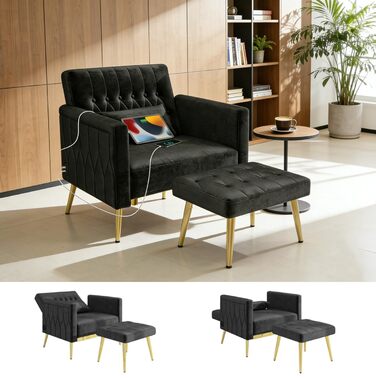 Крісло з відкидною спинкою та підставкою для ніг, 2 зарядні порти, зручне крісло для відпочинку, крісло для читання у вітальні, крісло для телевізора, м&39яке крісло, крісло-реклайнер, вантажопідйомність до 159 кг, оксамит (чорний)