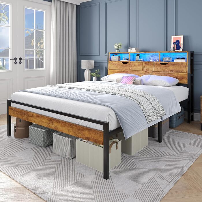 Ліжко 140x200 з металевою рейковою основою, двоспальне ліжко зі світлодіодним підсвічуванням та розеткою, каркас ліжка 140x200 см з дерев&39яним узголів&39ям, 2 шафи з дверима, дитяче ліжко з місцем для зберігання речей, коричневий колір, 140x200 см