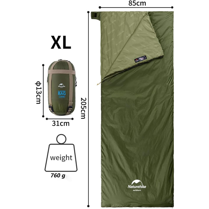 Міні-спальний мішок Naturehike Ultralight, малий, 760 г, 3-сезонний, 205 x 85 см, для піших прогулянок, походів, кемпінгу при температурі приблизно 15C, армійський зелений - XL