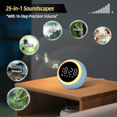 Розумний цифровий будильник з 25 розслаблюючими звуками, нічником, кнопкою повтору будильника, таймером та регульованою гучністю/яскравістю - білий шум для сну для дітей, дівчаток та дорослих у спальні, 12 см, синій