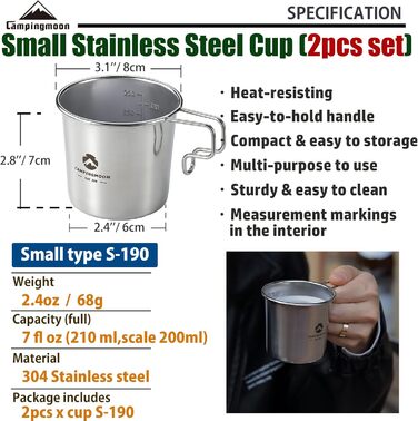 Пивний кухоль Campingmoon 304 з нержавіючої сталі, маленький, 210 мл, S-190 (комплект з 2 предметів), сріблястий