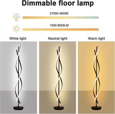 Світлодіодний торшер, Торшер з регулюванням яскравості, Торшер 155 см Світлодіодний торшер Вітальня Сучасний спіральний дизайн, 30 Вт, 3 колірні температури, кутовий торшер для спальні Вітальні Чорний