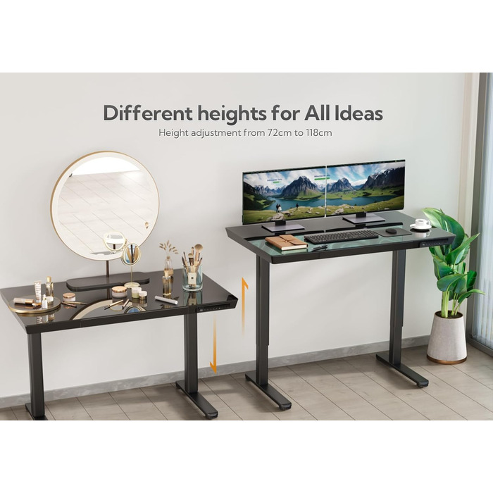 Стіл Claiks Glass з регульованою висотою 120x60, електричний стіл для роботи сидячи/стоячи з міцною скляною стільницею, тихий двигун, для домашнього офісу та офісу, ергономічний дизайн для здорової роботи (чорний) 120 x 60 см, чорний