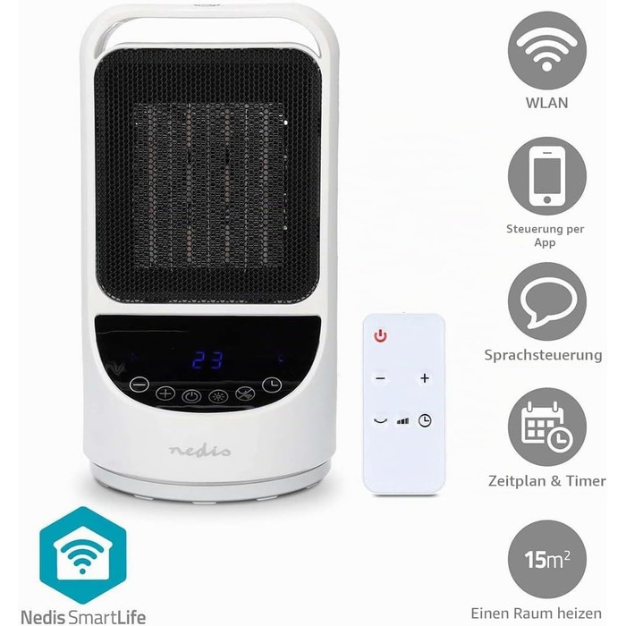Розумний керамічний обігрівач Nedis HTFA22WTW SmartLife WLAN, 1500 Вт, 2 режими нагріву, осциляція, індикатор температури 1049 C, керування через додаток, Alexa та Google Assistant, білий