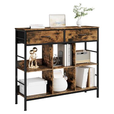 Полиця, книжкова шафа з 2 шухлядами, 6 відкритих відділень, окремостояча полиця з металевим каркасом, полиця для зберігання, для вітальні, кабінету, спальні, рустикальний коричневий, чорний вінтажний коричневий