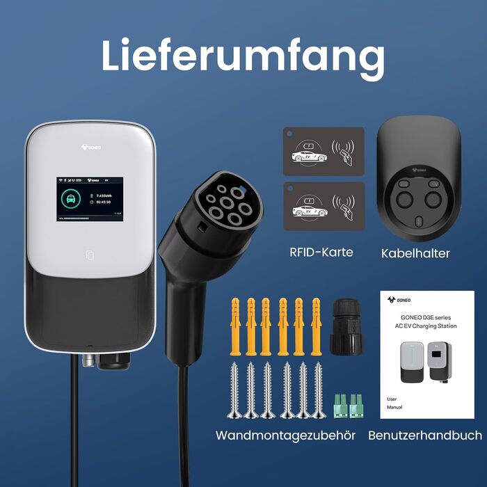 Зарядна станція GONEO Wallbox 22kW 8-32A для електромобілів 3-фазна з 5-метровим зарядним кабелем типу 2 для EV/PHEV зарядний прис