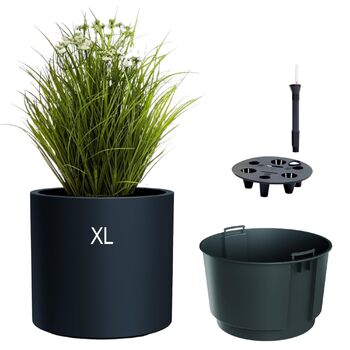 Квітковий горщик MELTOM з вкладишем та системою поливу Круглий та сучасний Морозостійкий та стійкий до ультрафіолету Пластиковий горщик для використання в приміщенні та на вулиці (Антрацит, XL) Антрацит XL