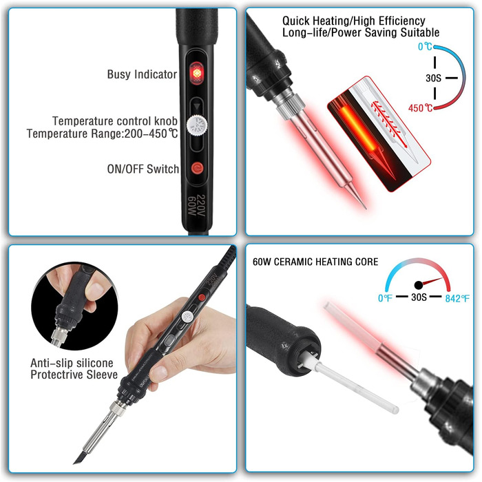 Набір паяльників, паяльник 60 Вт з вимикачем 200-450C, регульована ручка температури, 5 жал, вигнутий пінцет, паяльний дріт, підст